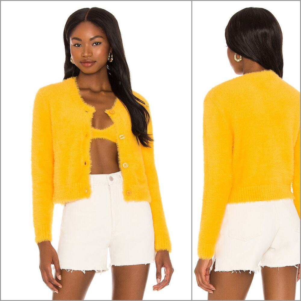 Frankies bikinis cherie fuzzy cardigan in Sunshine yellow size Small
